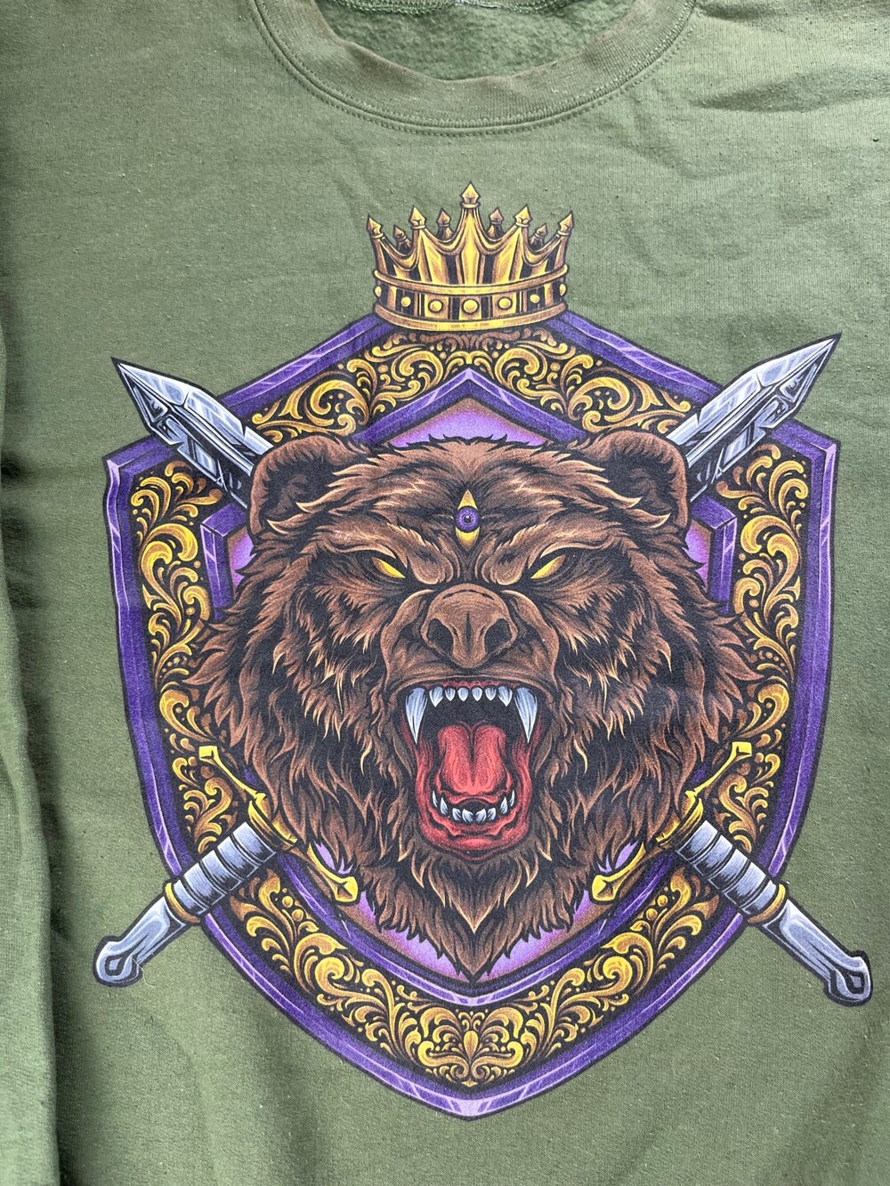 Large Olive Green Cotton Sweatshirt with Bear Crown Sword Graphic